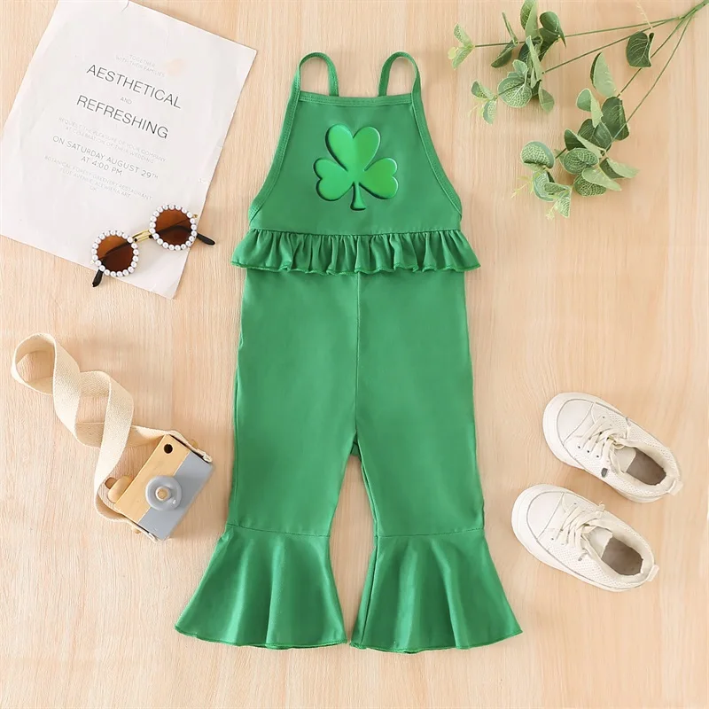 

Stylish Baby Girls St Patrick s Day Overalls Jumpsuit with Shamrock Print Ruffled Sleeveless Spaghetti Strap Bell Bottom