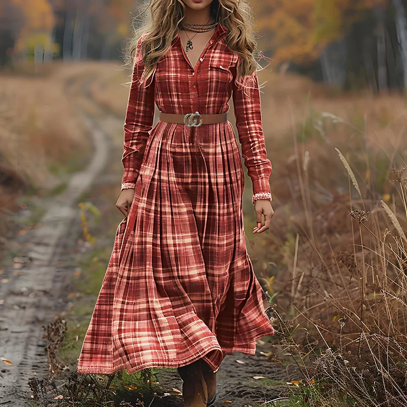 

2025 Autumn New Women's Print Plaid Retro V-neck Long-sleeved Long Dress Vestidos Elegantes Para Mujer