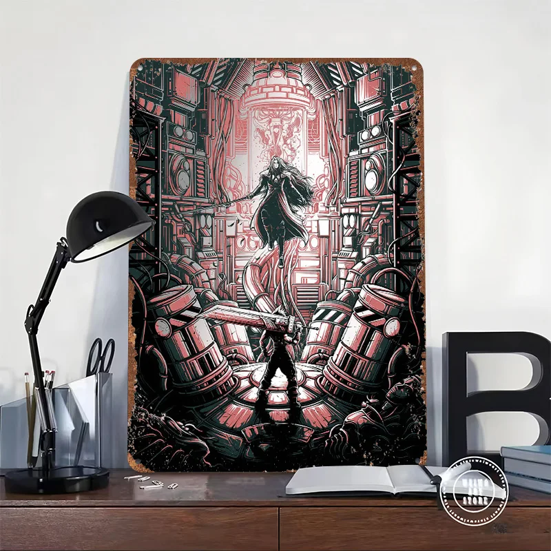 Cloud Strife With Buster Sword Tinplate Poster Customized Wall Art Vintage Retro Metal Signs for Office Decoration Room Man Cave