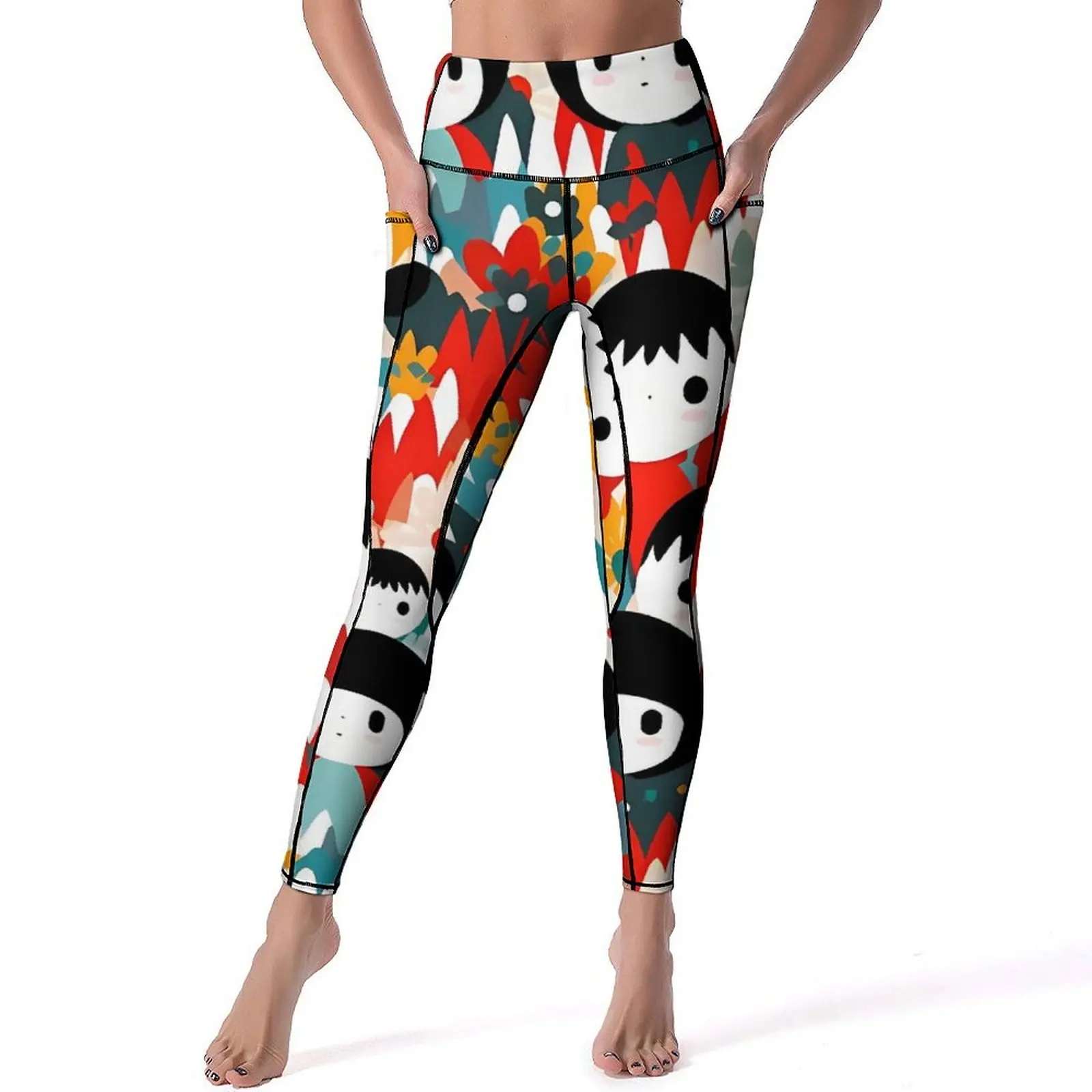 Japanese Dolls Yoga Pants Pockets Kaleidoscope Dreams Leggings High Waist Vintage Yoga Sports Tights Stretch Fitness Leggins