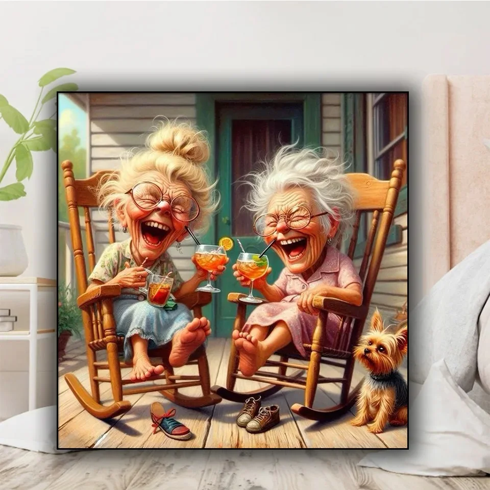 Grandma\'s Old Fashioned 5D Full Diamond Painting Kits,Happy Grandma And Grandpa Drink DIY Drills Mosaic Embroidery Cross-Stitch