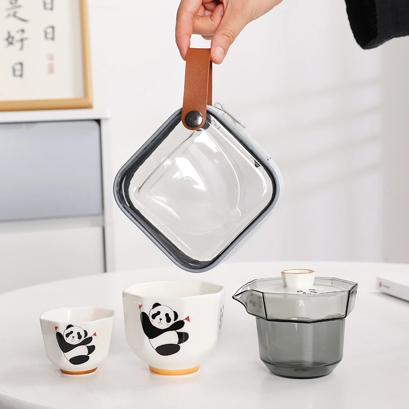 

Cute Tiger Travel Tea Set Anti-scalding Glass Pot Ceramic Portable Outdoor Teaset 1 Pot 3 Cups Tea Making Set Tea Ceremony Gift