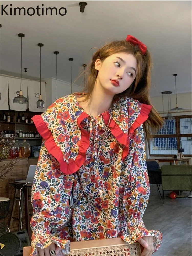 

Kimotimo Floral Printed Peter Pan Collar Lace Up Shirt Women 2025 Spring Loose All-match Long Sleeve Tops Japanese Sweet Blouse