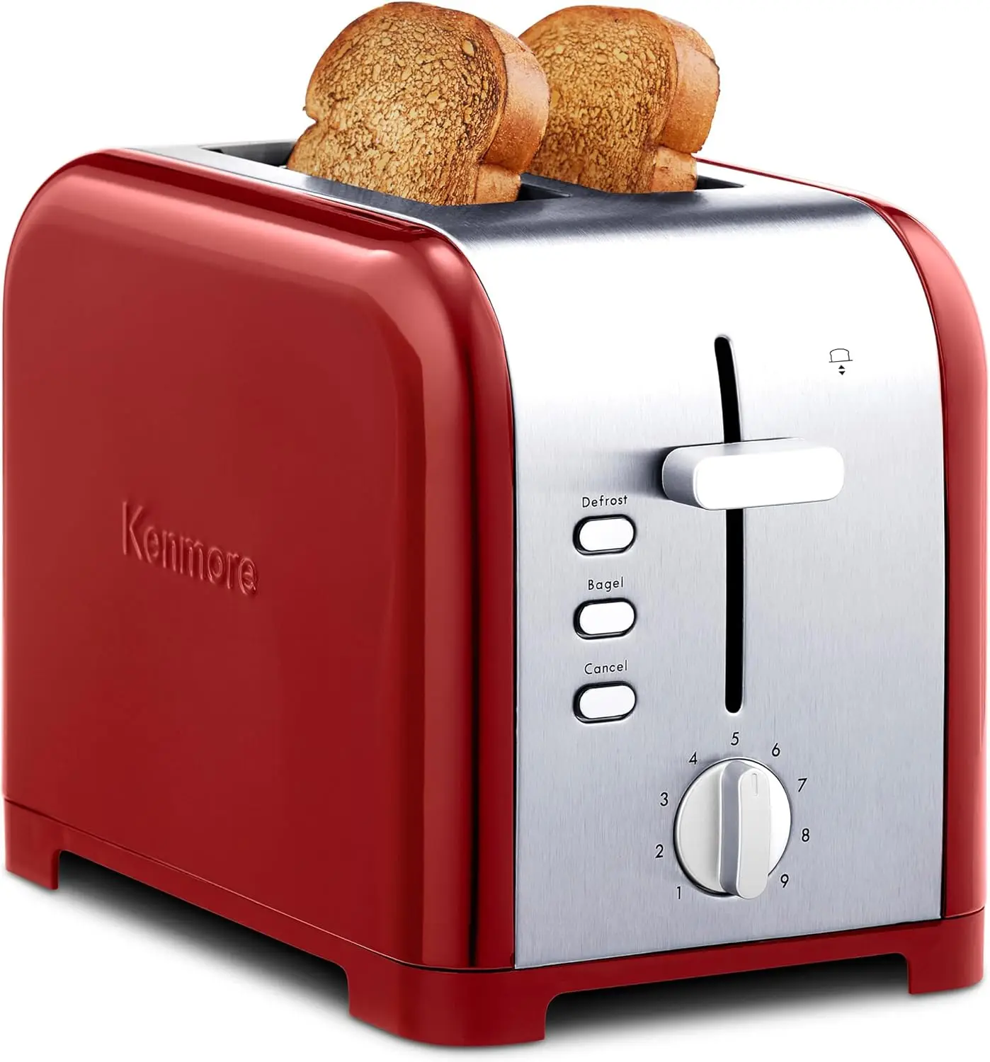 

2-Slice Toaster, Stainless Steel, Red Silver, Extra Wide Slots, Self-Adjusting Guides, Defrost Bagel, Removable Crumb Tray