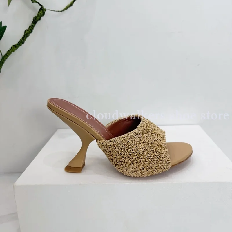 

Multicolor Soft Fluffy Raffia Woven Design Mules Sexy Peep Toe Strange Heel Fashion Fluffy Slippers Summer Elegant Dress Shoes