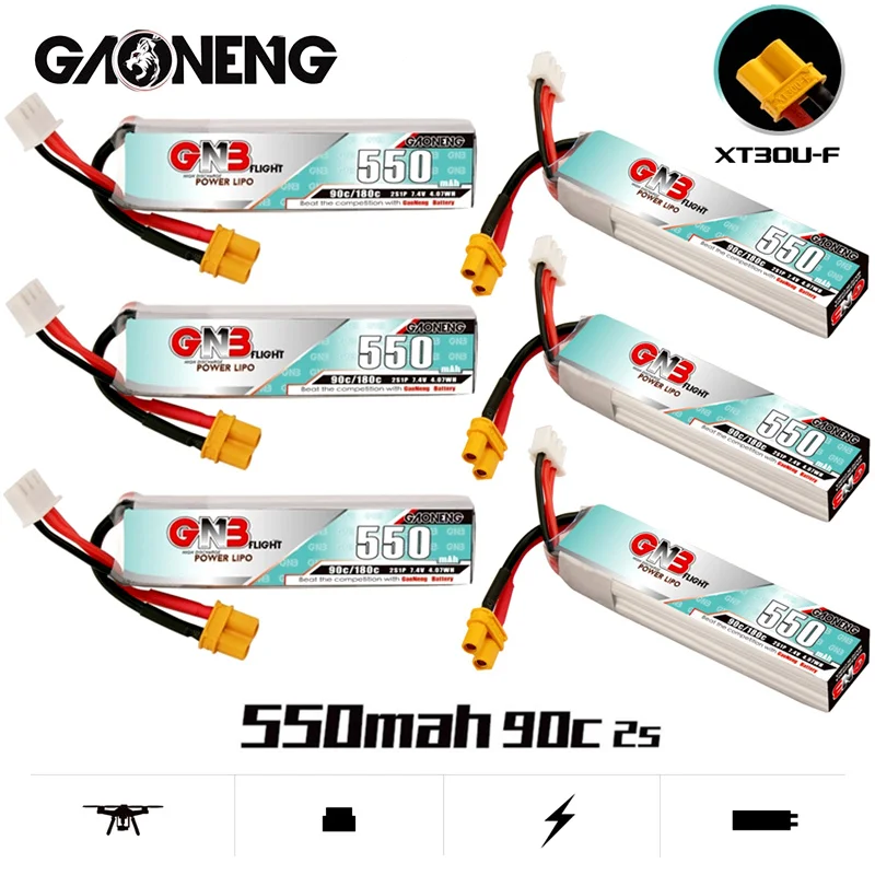 

2-10PCS GNB 2S 7.4V 550mah 90C/180C HV LiPo Battery XT30U-F Plug for TINY8X Blade Inductrix FPV QX2 120S Beta75S BetaFPV Drone