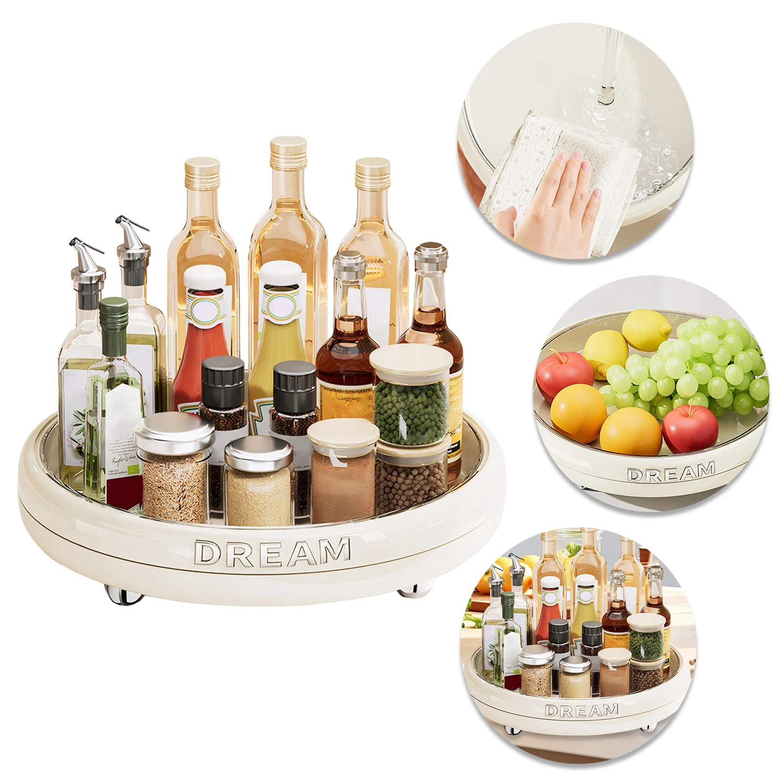 Rotating Kitchen Storage Tray Waterproof Plastic Spice Storage Plate Anti-Slip Rotatable Kitchen Organizer for Home Kitchen