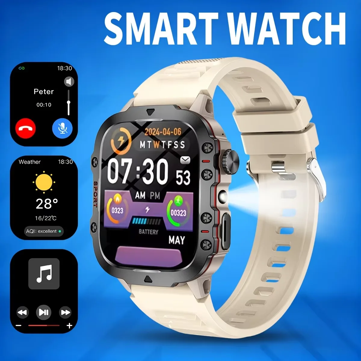 Flashlight, Sports Tracking & Pedometer, Weather Alerts, Custom Watch faces, Colored Straps, Bluetooth Music Control