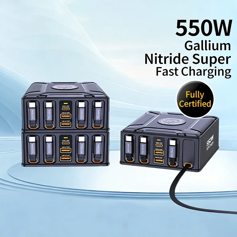 GaN Fast Charger 550W 7-in-1 Charging Station with 100W Retractable USB C Cable for MacBook Pro iPhone 17 Samsung Laptop Tablet