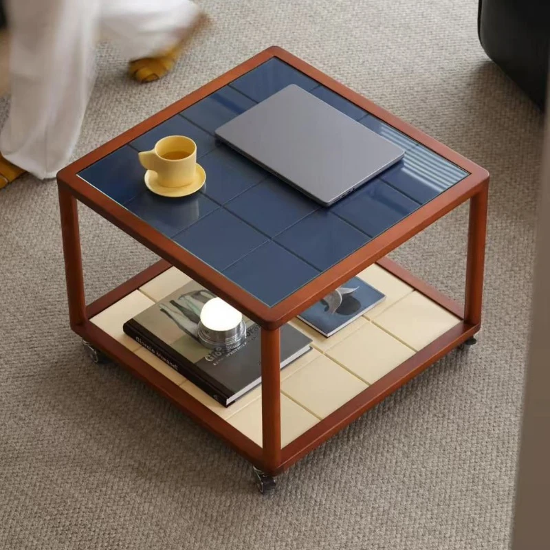 Retro style home living room coffee table small apartment movable solid wood edge table