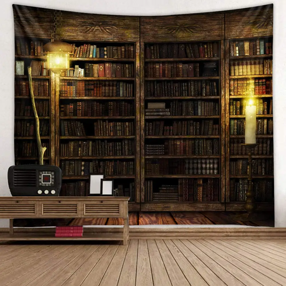 Vintage Bücherregal-Wandteppich, Magisches Schloss, Hexenbesen, Wandbehang, Bibliotheks-Wandteppiche für Schlafzimmer, Wohnzimmer, Studentenwohnheim-Dekoration