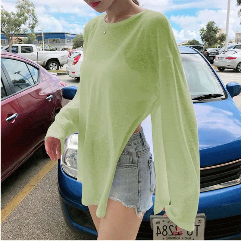Yellow Ice Silk Thin Knitted Top Women's Long Sleeve Loose Sunshade Cover Shirt Thin Veil Upper Apparel Commute Style round Neck