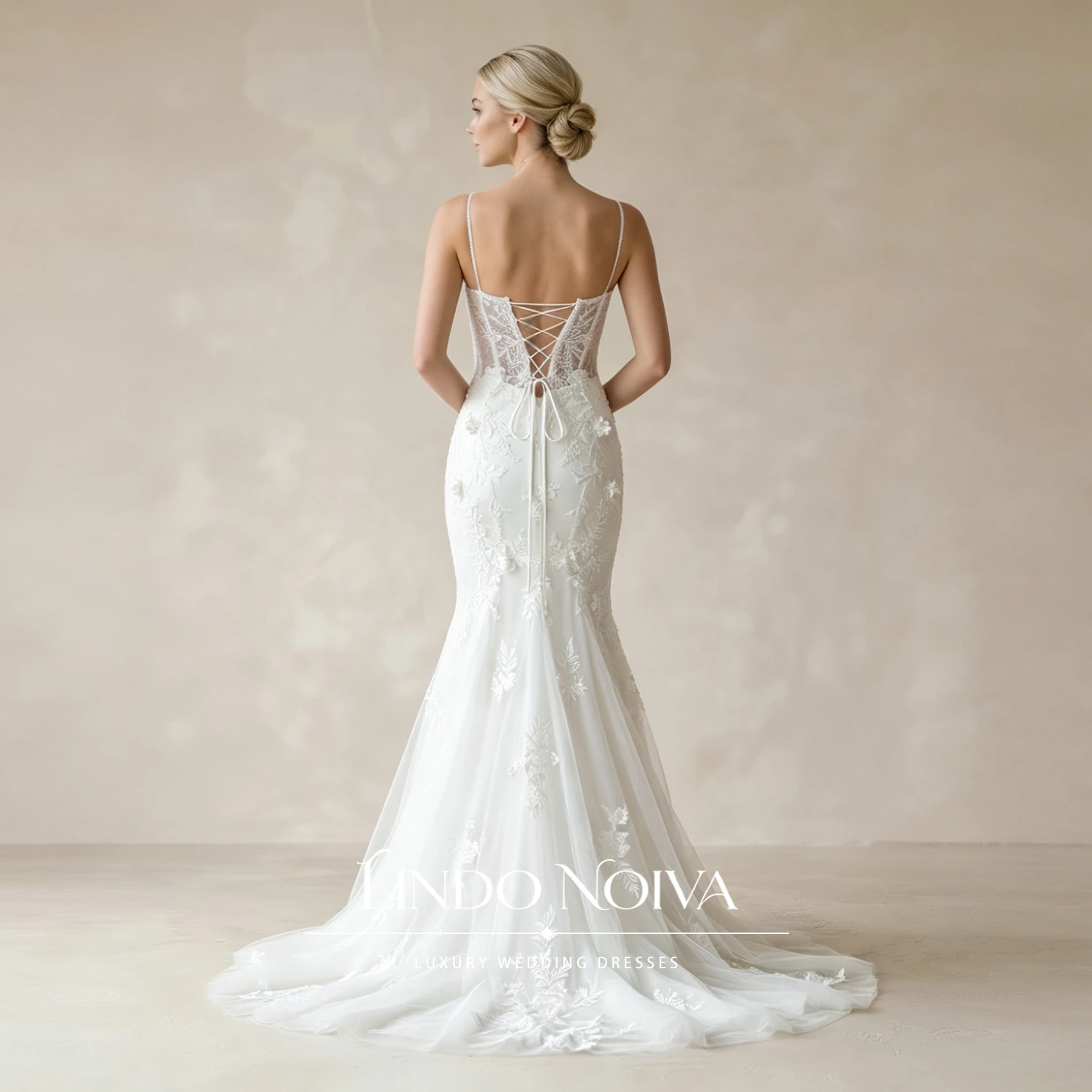 LINDO NOIVA Romantic Lace Mermaid Wedding Dress Spaghetti Straps Bridal Gown 3D Flower Appliques vestido de novia Customized