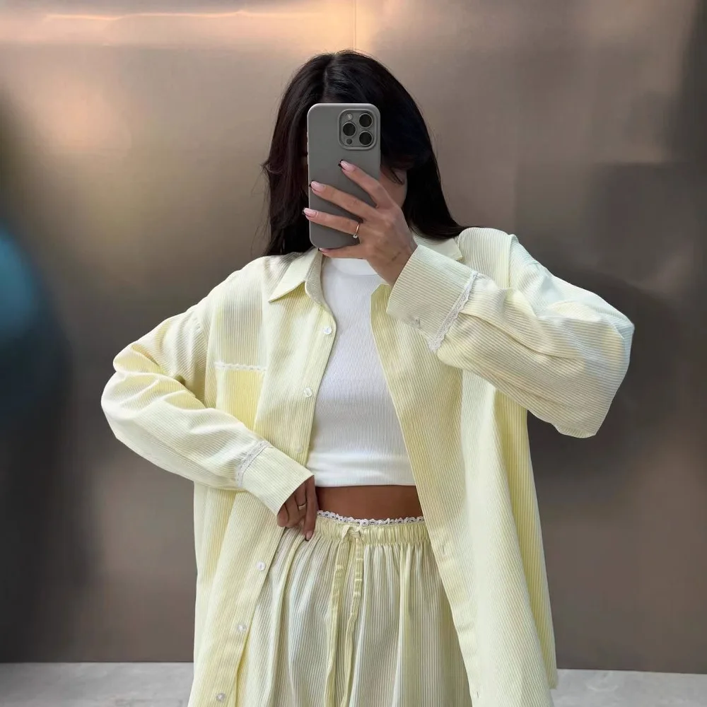 2025 الصيف تصميم الشعور المتخصصة موضة الحماية من الشمس قطعتين مجموعة المرأة عادية رقيقة فضفاضة طويلة الأكمام قميص السراويل