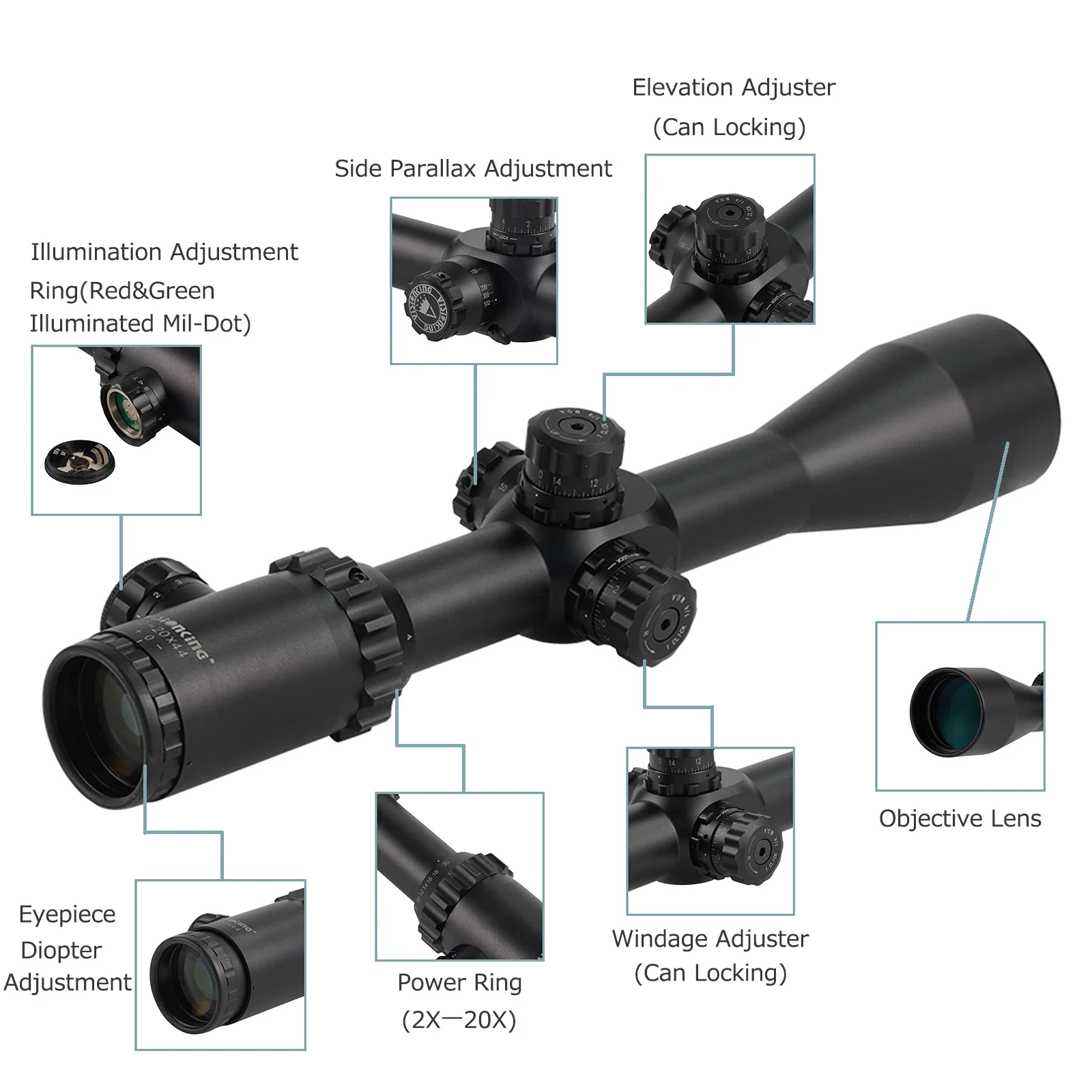 Visionking High Shockresistant 2-20x44 Hunting Riflescope Turret Lock Side Focus Long Range Tactical Sniper Scope Optical Sight