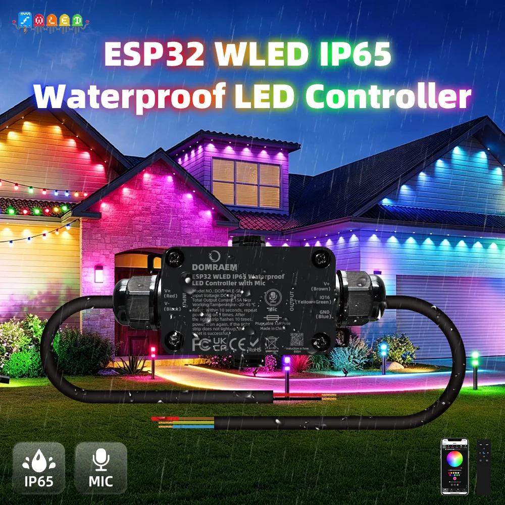 DOMRAEM ESP32 Outdoor IP65 Waterproof WLED Music Sync Controller With 15A Fuse Digital LED Strip Fit WS281X  SK6812 Work with HA