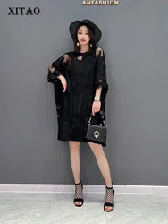 XITAO Black Mesh Jacquard Dress Loose Hollow Out Perspective Net Cloth Mini Dress Summer New Three Quarter Sleeve WMD7032