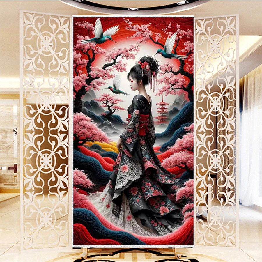 

Алмазная картина с птицами, вышивка крестиком, японская гейша, полная алмазная мозаика, пейзаж с цветком вишни, розовая вишня, домашний декор