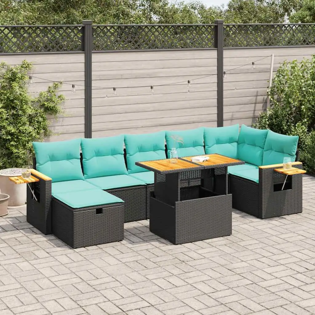 

8 Piece Outdoor Patio Sofa Set with Cushions Gray Poly Rattan and Acacia Wood Furniture