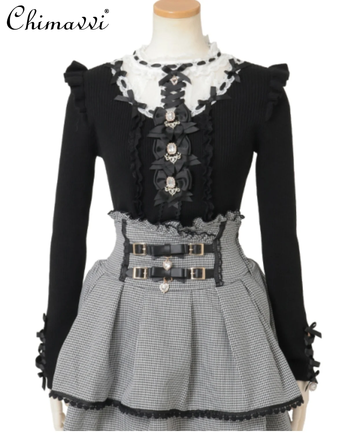 النمط الياباني ليز لطيف القوس الدانتيل المرقعة محبوك سترة الخريف جديد فتاة حلوة طويلة الأكمام أنيقة الأميرة سترة أعلى