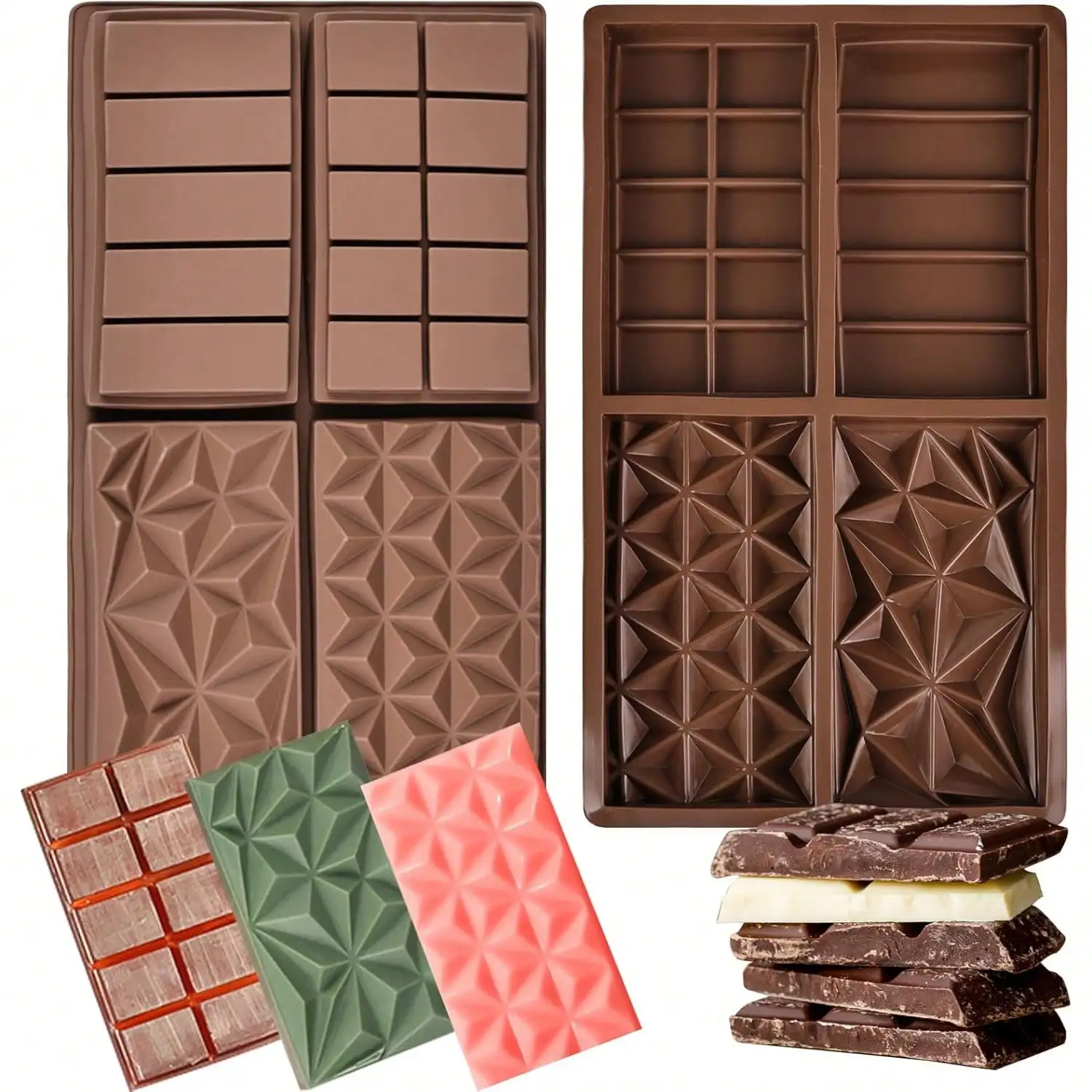Chocolate Non-Stick Silicone Molds,Food Grade Silicone Deep Molds,4 Different Patterns for Filling Snacks Candy Bars Molds