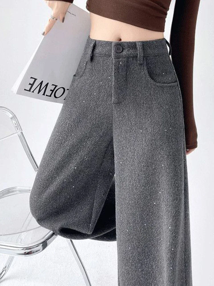

Sequin Design Loose Woolen Straight Pants Women Casual High Waist Wool Blend Wide Leg Pantalones Korean Fashion Thick Calca New