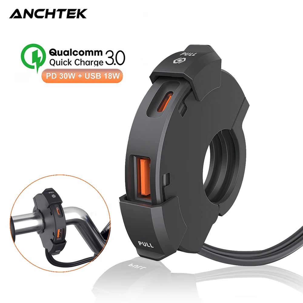 Anchtek Universal Motorcycle USB Charger 48W QC3.0 PD Power Adapter Waterproof Handlebar Mounted Bracket Camera Phone Charger