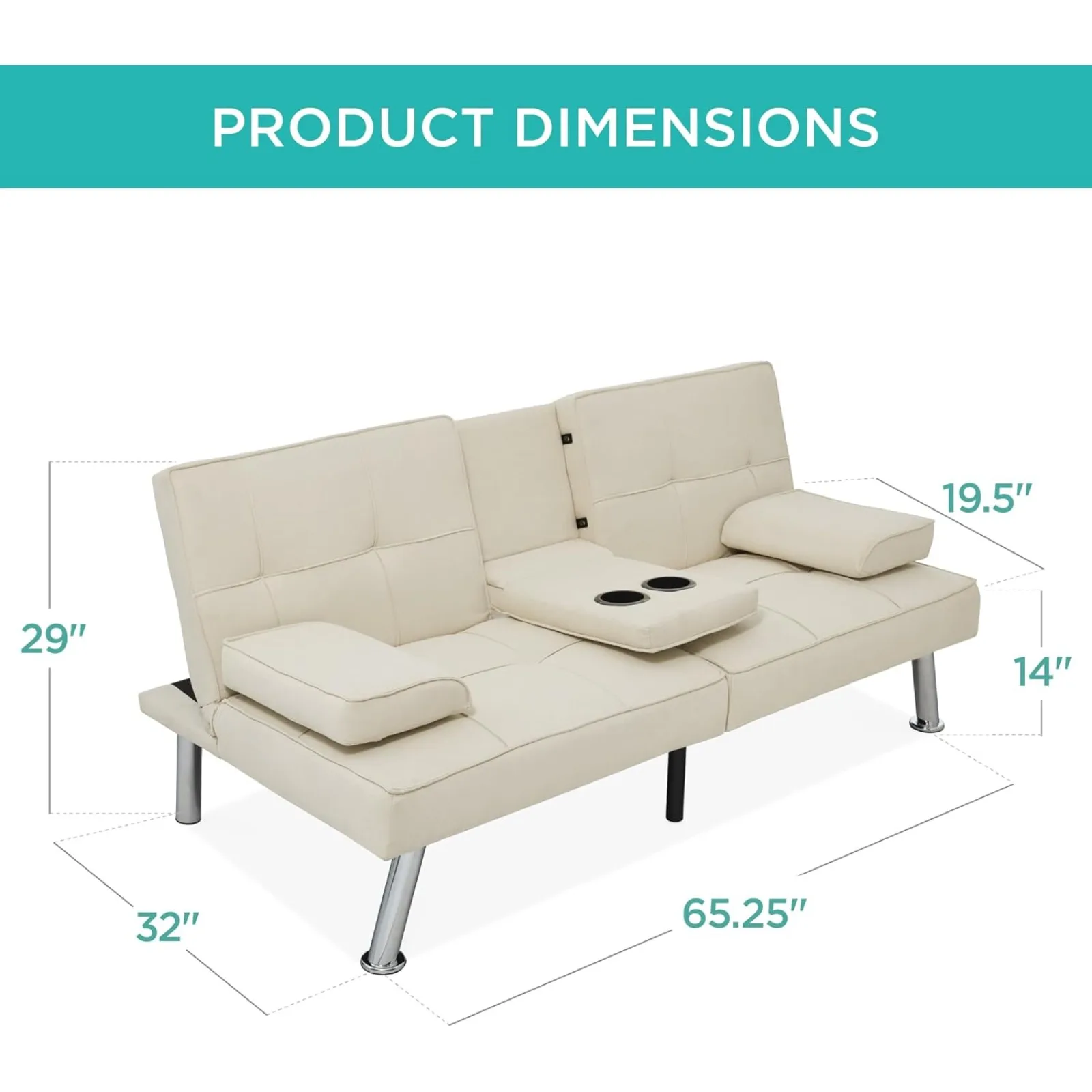 US Best Choice Products Linen Modern Folding Futon, Reclining Sofa Bed for Apartment, Dorm w/Removable Armrests, 2 Cupholders