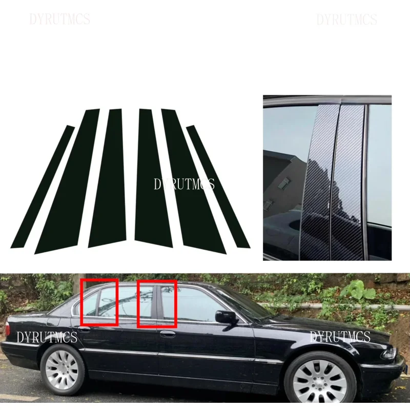 

6PCS Gloss Black Pillar Posts Silver Carbon Fit For BMW 7 Series E38 1995-2000 1996 Window Decor Door Side Mouliding Trim Cover