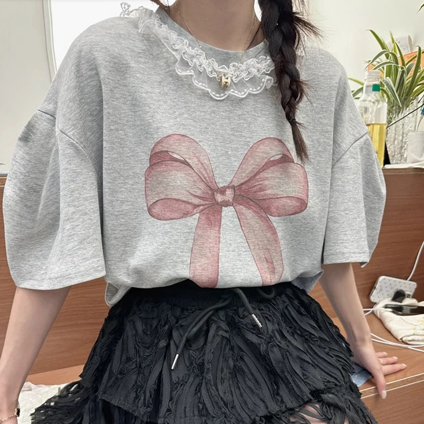 

Новая летняя милая свободная хлопковая футболка ort Sve, женская уличная футболка с круглым принтом Ne, топ стандартного кроя с узлом