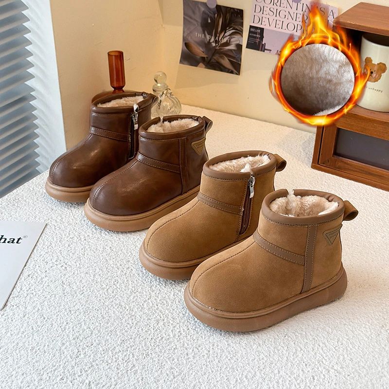 

Детские зимние сапоги на толстом меху, детские ботильоны, однотонные зимние теплые ботинки в стиле ретро для мальчиков и девочек, универсальная обувь с мягкой подошвой