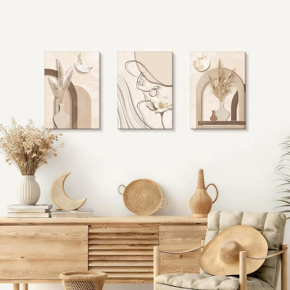 Frameless 3pcs Abstract Tan Cream Geometry Plants Wall Decoration Neutral Beige Reed Poster Wall Decoration Minimalist Girls