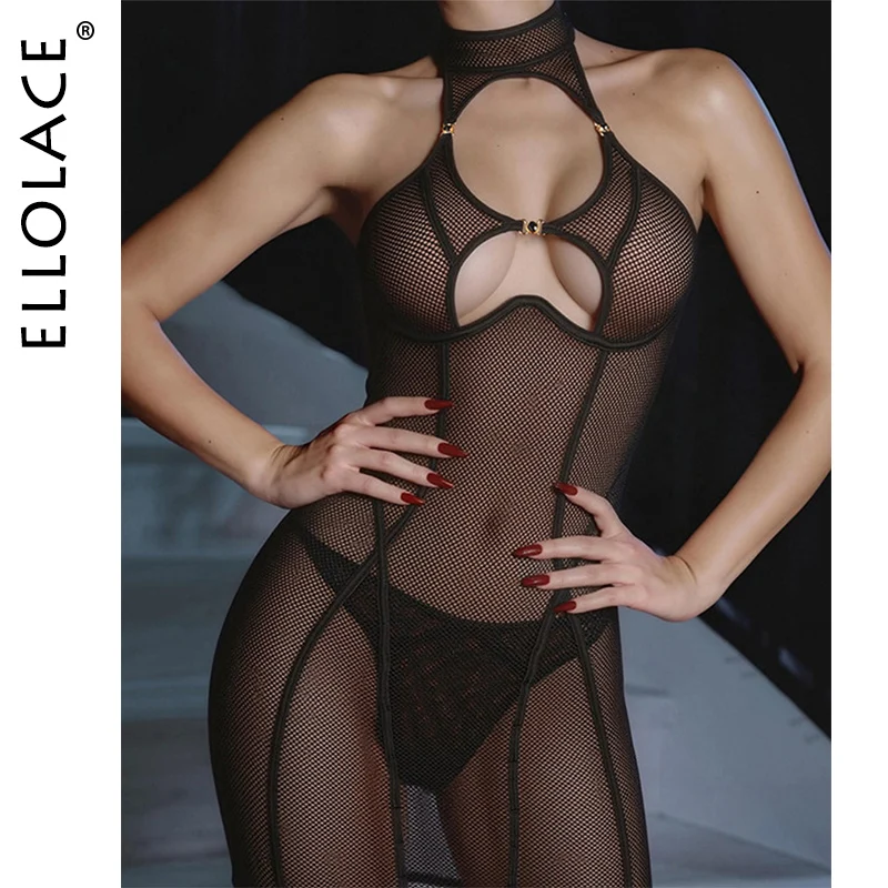 Ellolace Exclusive Lingeries Femme Ultra Tempted Hot Mesh Hollow Mini Dress Thong 2PC Sexy Backless Bodycon Sensual Underwear view 2
