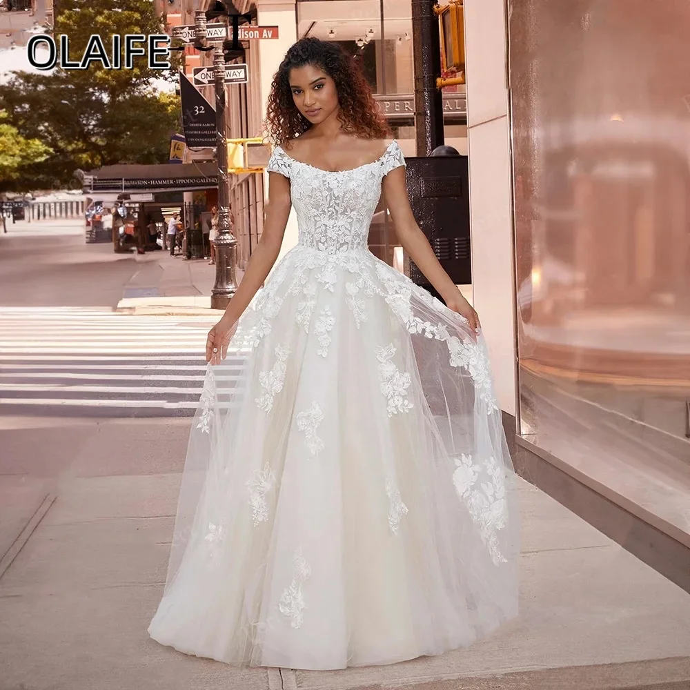 Romantic Lace Tulle Short Sleeves Appliques A-line Off Shoulder Wedding Dress Buttons Sweep Train Customized vestidos para mujer