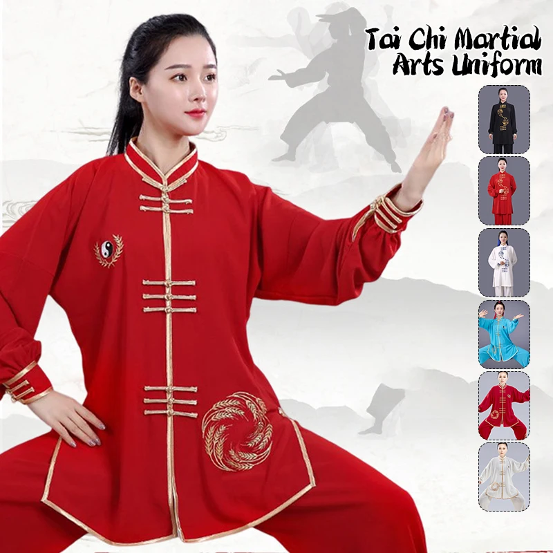 

Long Sleeves Wholesale Chinese Men Women Kung Fu Suits Embroidered Golden Dragon Tai Chi Martial Art Uniform Clothing Set