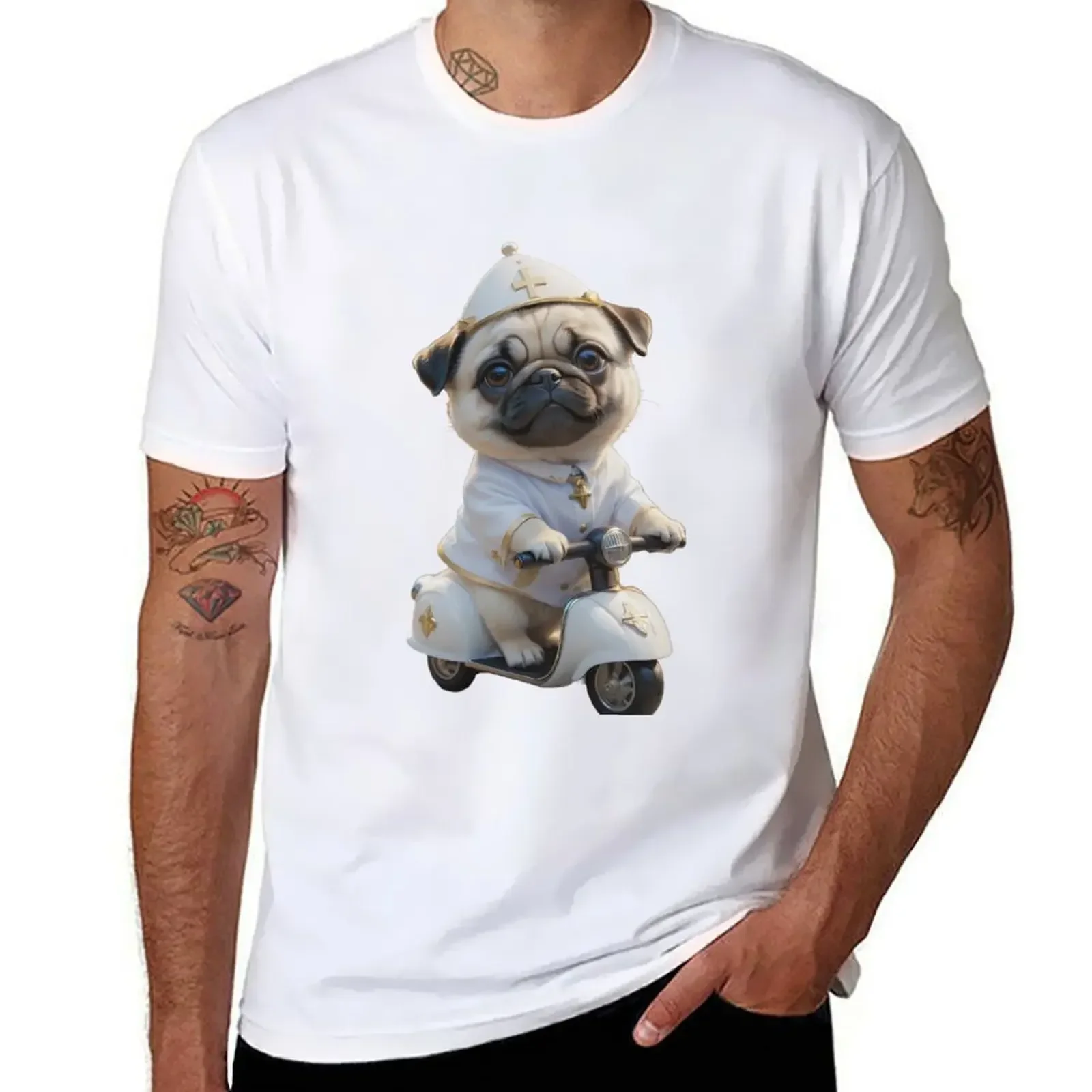 Priest pug riding a scooter T-Shirt for a boy boys animal print sports fans black t shirts for men 2024 heavyweight new arrival