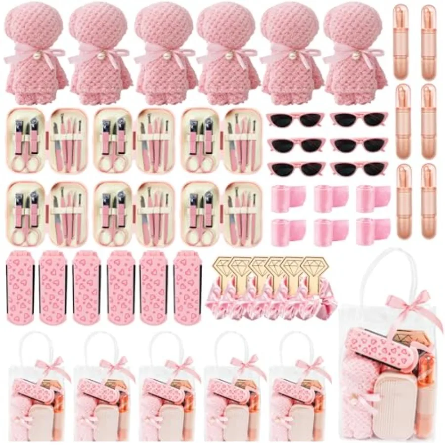 

6 наборов подарков для гостей на вечеринку в честь рождения ребенка: солнцезащитные очки, кисти для макияжа, наборы для маникюра, резинки для волос, расчески, полотенца и другие аксессуары.