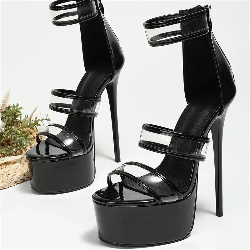 Women's Black Patent Clear Strappy Platform Sandals, Back Zip Super High Stiletto Heels, Sexy Club Shoes, Drop Shipping Fast Shi view 2