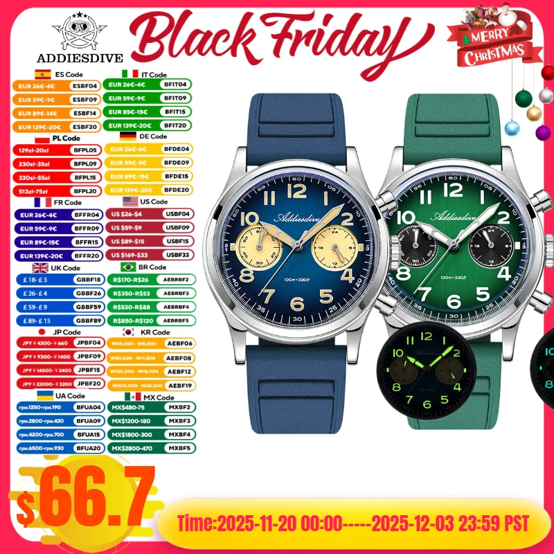 ADDIESDIVE Hot Sale Watch For Men VK64 Chronograph 10Bar Waterproof AD2516 Super Luminous Bubble Mirror Glass Quartz Steel Watch