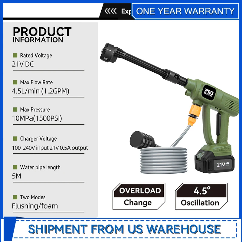 Idropulitrice a batteria pistola ad acqua portatile 1500PSI con 2 batterie 3.0Ah ugello 6-in-1 per la casa dell'auto di Prostormer