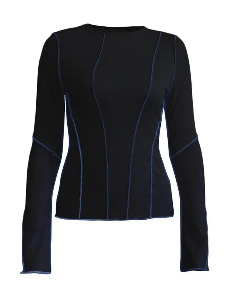 Vrouwen Patchwork T-shirts Chic Casual Lange Flare Mouw Ronde Hals Gebreide Geribbelde Tees Shirts Lente Herfst Straat Top