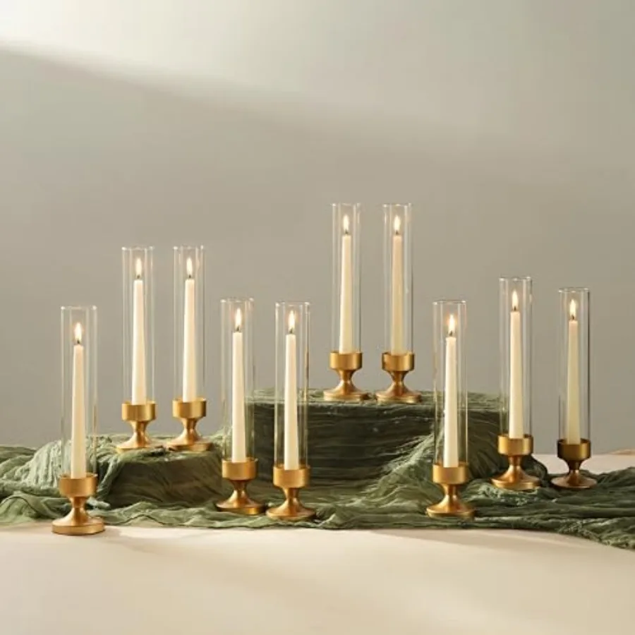 

Hurricane Glass Candle Holder: Set of 10 Metal Taper Candle Holders with Sleeves - Gold Candlestick Holders Bulk for Outdoor Pa