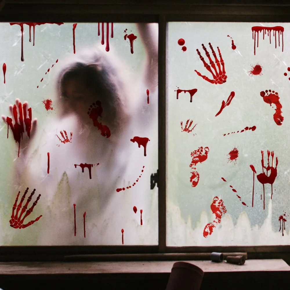 1pc Halloween Blood Handprint Footprint Wall Stickers Horror Blood Splatter Glass Decal for Haunted House Indoor Party Decor