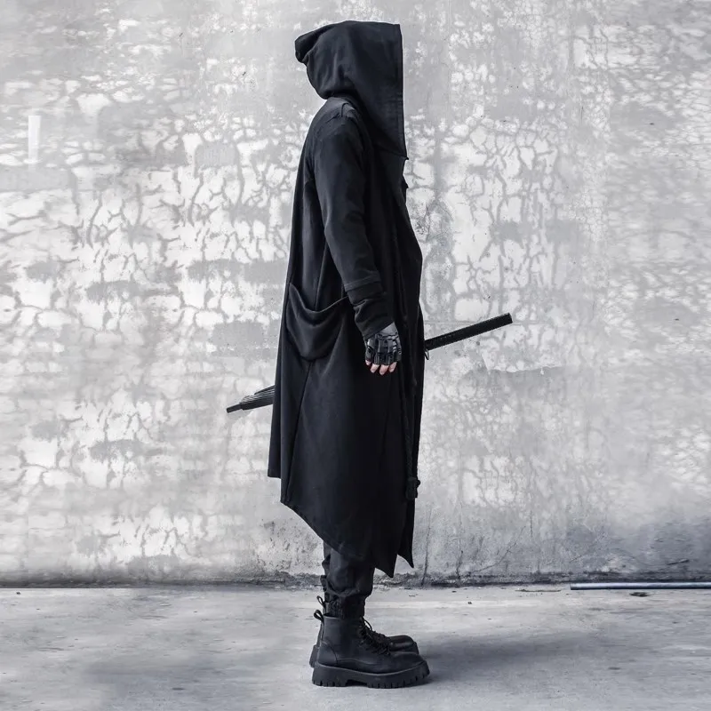 2023 Black Hooded Wizard Trench Coat Windbreaker Men Autumn Long Hoody Jacket Punk Hip Hop Streetwear Men Clothing