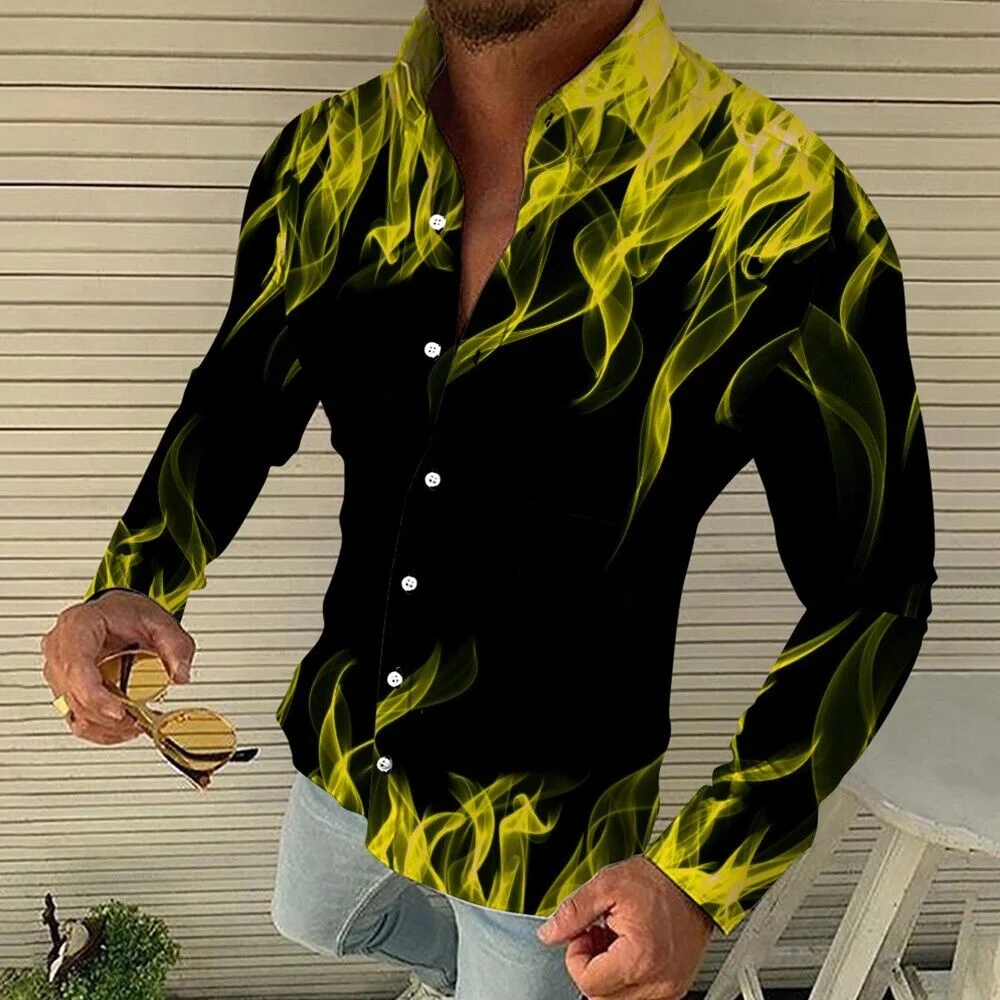 Chemise à manches longues pour hommes, motif de flamme, bouton à revers, grande taille, rue décontractée, confortable, tissu doux, livraison rapide