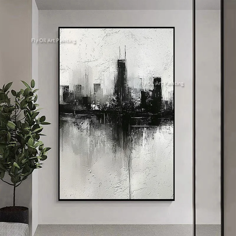 Loft‑Style Urban Reflection Wall Piece, Original Textured Hand‑Painted Oil Painting, Moody Monochrome Cityscape Canvas Art