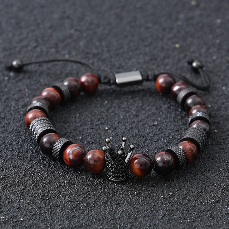 Luxury Natural Tiger Stone Beads Crown Charms Man Bracelet Women Hand Stainless Steel Jewelry Gift