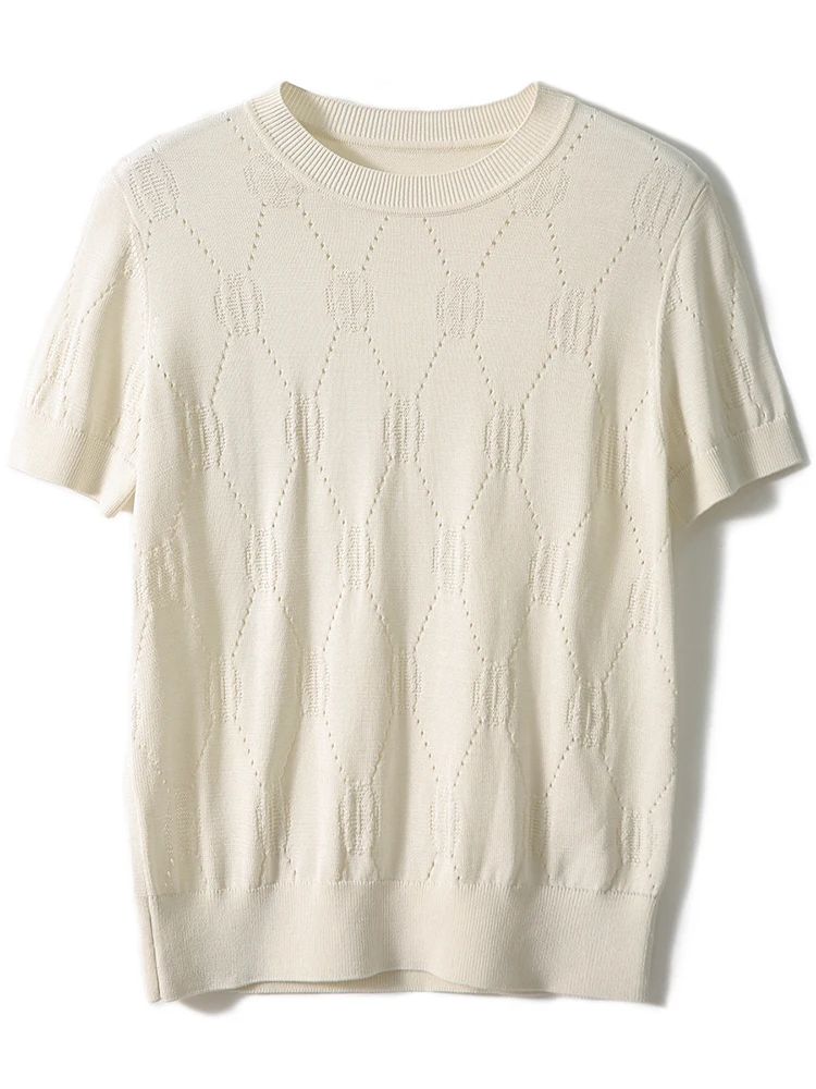 Knitting Tops Women Summer Fashion O Neck Slim Thin Short Sleeve Tshirts Tee Shirt Femme Solid Basic Hollow Out T Shirt Female