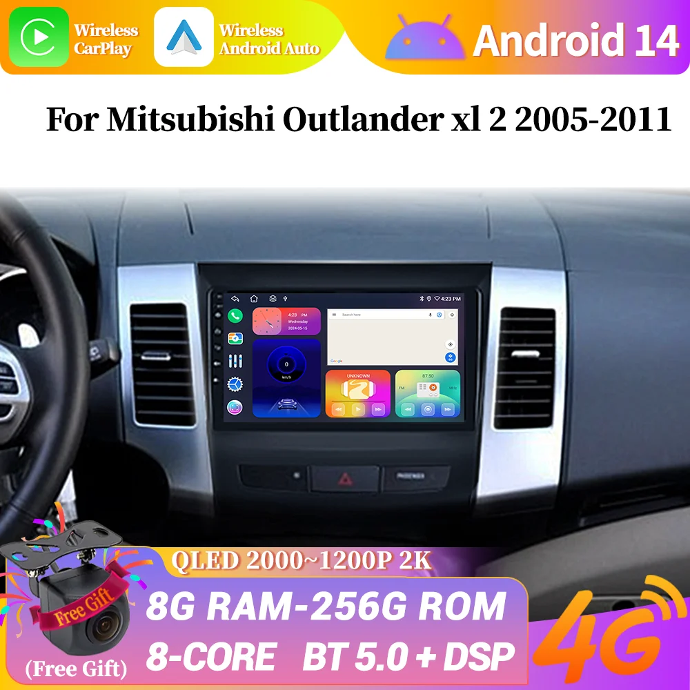 For Mitsubishi Outlander xl 2 2005-2011 Car Radio Multimedia Wireless Carplay Android 14 Navigation 4G GPS Touch Screen Stereo