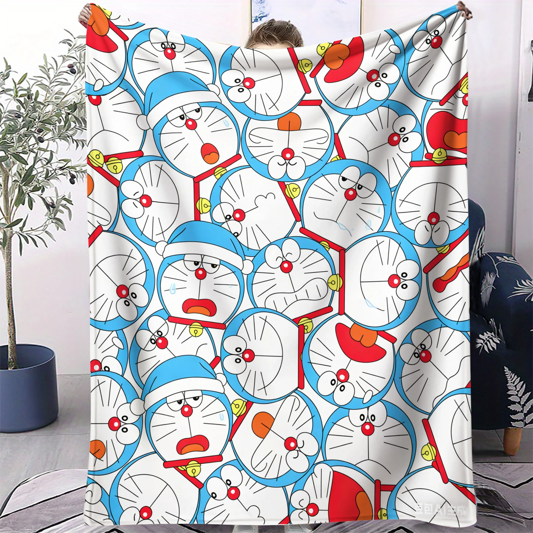 Manta con Estampado Nostálgico de Doraemon, Diseño Clásico de Cara Redonda y Letras, Suave y Acogedora, Regalo Perfecto para Fanáticos del Anime y Niños